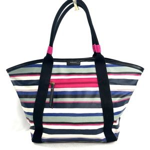 Fossil Blue Pink White Black Striped Large Coated Canvas Tote Bag Snap shb1925